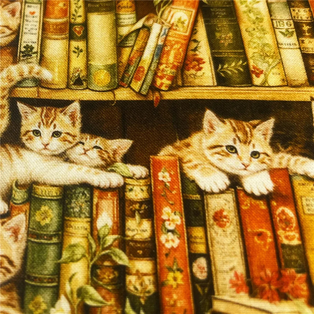 Bookshelf, Flowers & Cats Printed Cotton Fabric — 145cm Wide, 240gsm