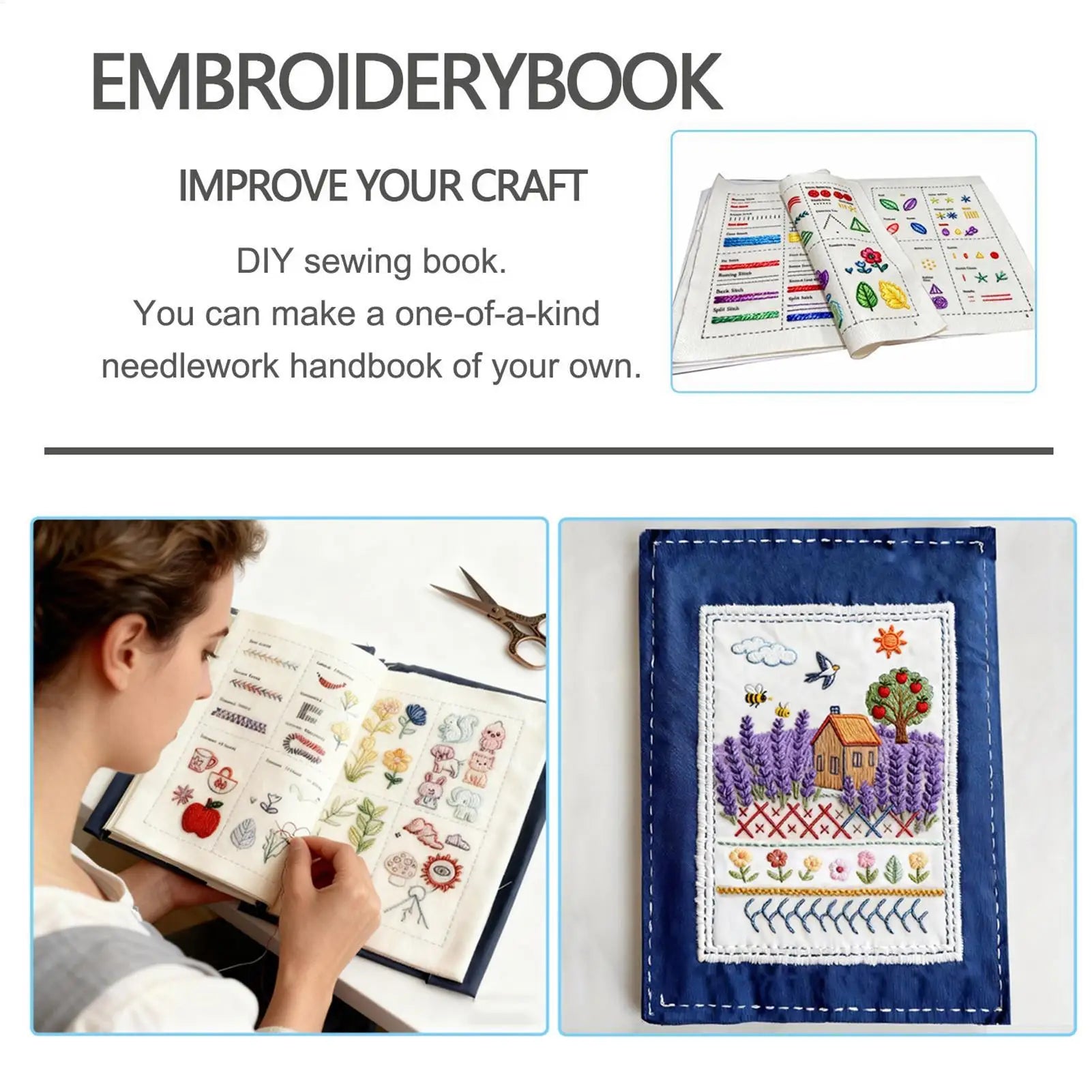 Embroidery Book for Beginners – 90+ Patterns, Reusable Fabric & Elegant Gift Box
