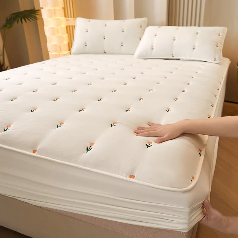 Super Thick Quilted Embroidered Mattress Pad Cover – Single, Queen & King Sizes