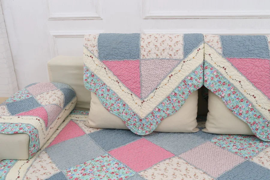 100% Cotton Quilted Sofa Cover – Anti-Slip Patchwork Floral Slipcover
