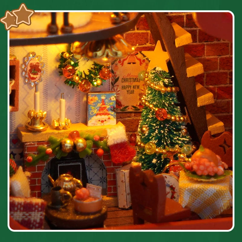Kit de casa de muñecas de madera con forma de calcetín navideño para montar tú mismo – Luces LED y muebles incluidos | Modelo en miniatura
