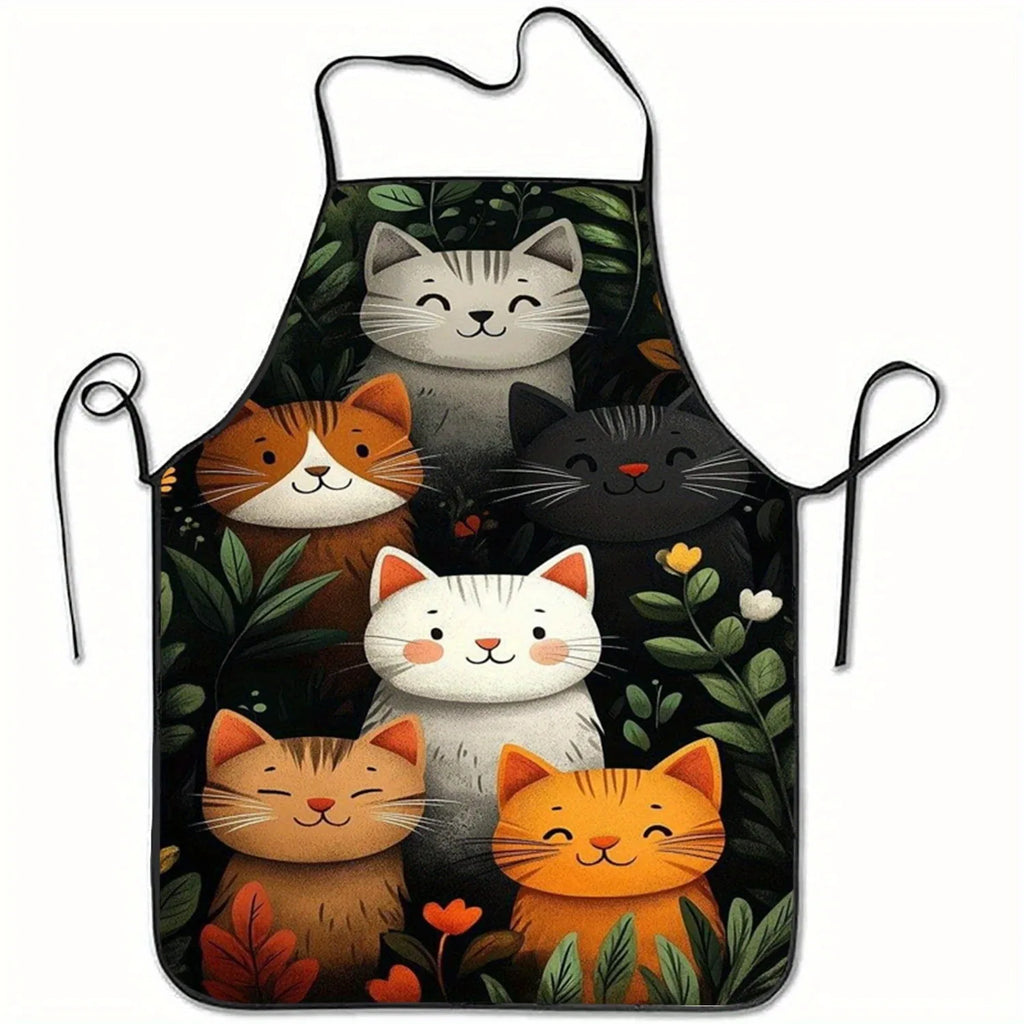 Cute Cat Print Kitchen Apron – Cartoon Cats with Hearts & Stars | Polyester Waist Apron for Cooking, Baking & Crafting