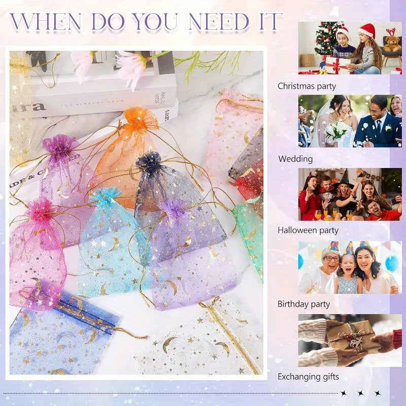 Bolsas de Regalo de Organza con Cordón de Luna y Estrellas – Paquete de 50 Bolsas de Recuerdos Multicolor | 4 Tamaños