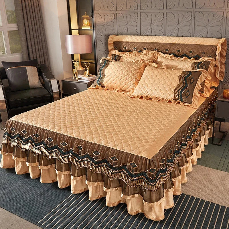 Luxury Crystal Velvet Quilted Bedspread – King & Queen Flannel Bed Skirt