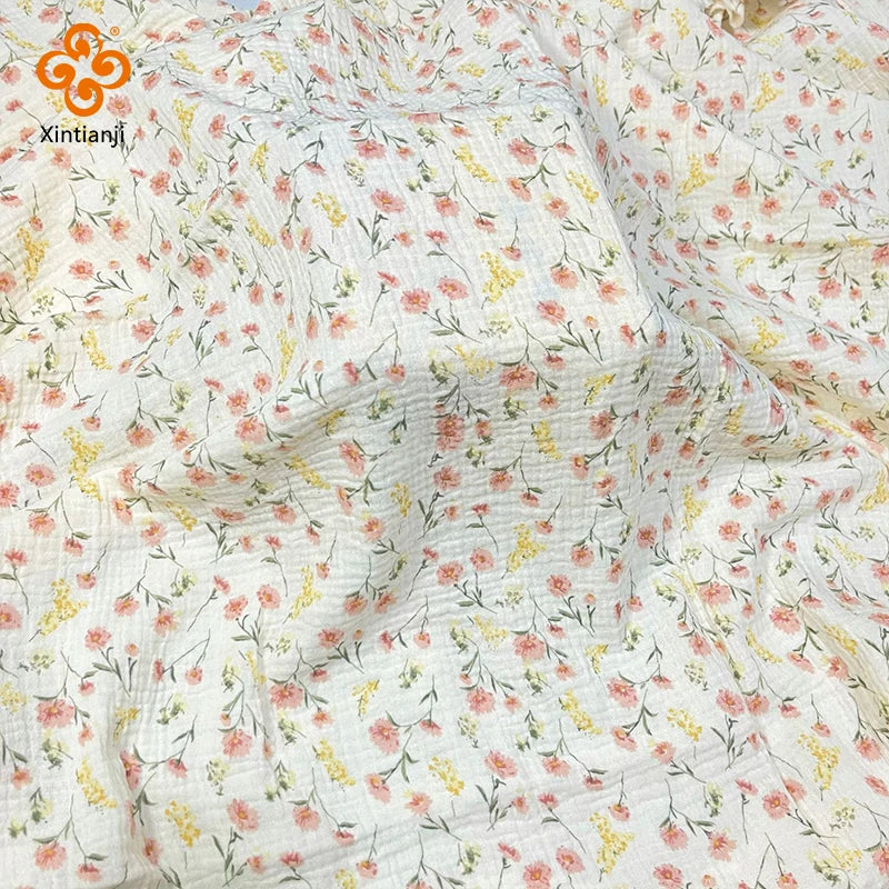135 x 50cm Pink Flower Crepe Cotton Double-Layer Gauze Fabric, Making Soft Baby Clothes Fabric DIY Clothing Towel