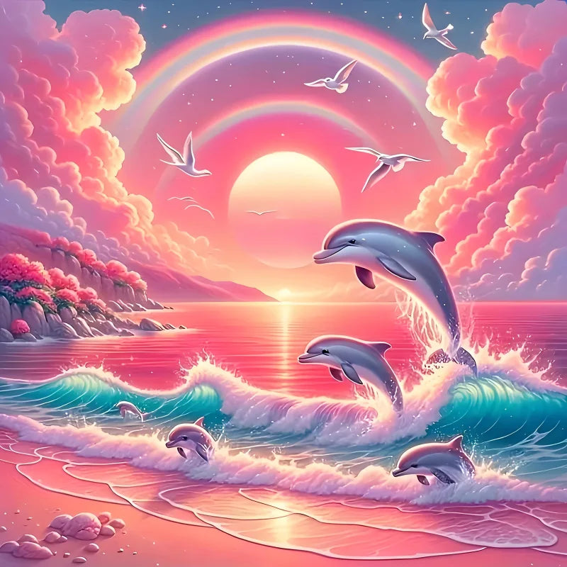 Kit de pintura de diamantes, patrón de cielo rosa y delfín, arte de diamante completo de diamante redondo, varios tamaños a elegir, sin marco