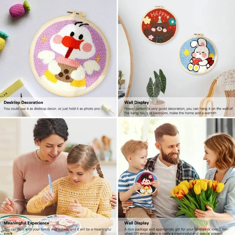 Kit DIY de aguja mágica para adultos principiantes con bastidor de bordado, patrón de flores, rosas, tulipanes, juego de manualidades de pintura con lana.