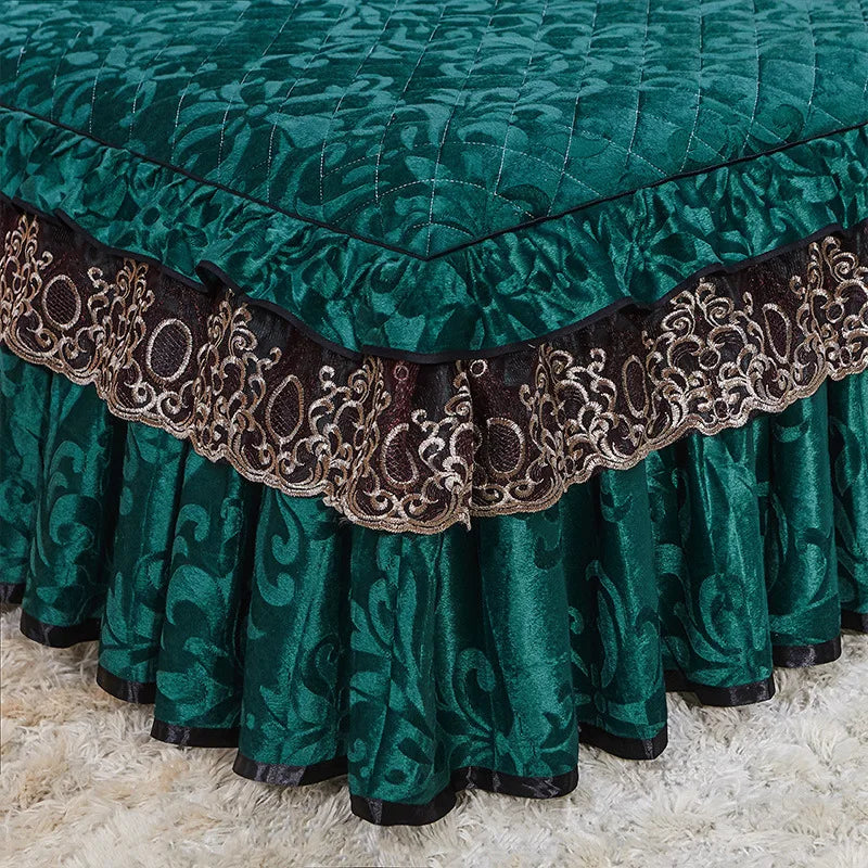 European Luxury Velvet Quilted Bedspread – Embossed Plush Bed Skirt | Queen & King Sizes