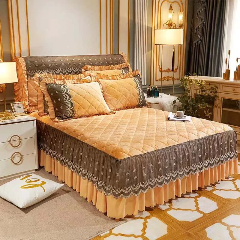 mtuove Luxury Flannel Velvet Quilted Bedspread – Lace Edge, Anti-Slip, Winter Warm Bed Cover