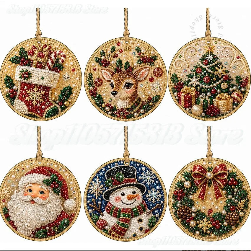 Kit de adornos de Navidad de pintura de diamantes DIY – Juego de 6 colgantes de madera para árbol de Navidad