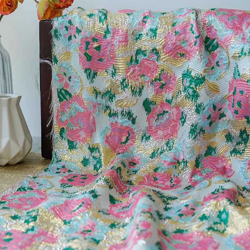 Retro Golden Floral Jacquard Fabric | Yarn-Dyed Silk-Look | 50×150cm