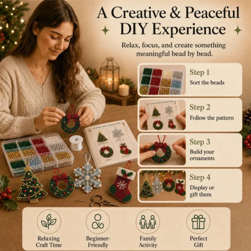 Kit de adornos de Navidad con cuentas — Juego de 4 piezas | Árbol, copo de nieve, corona y calcetín