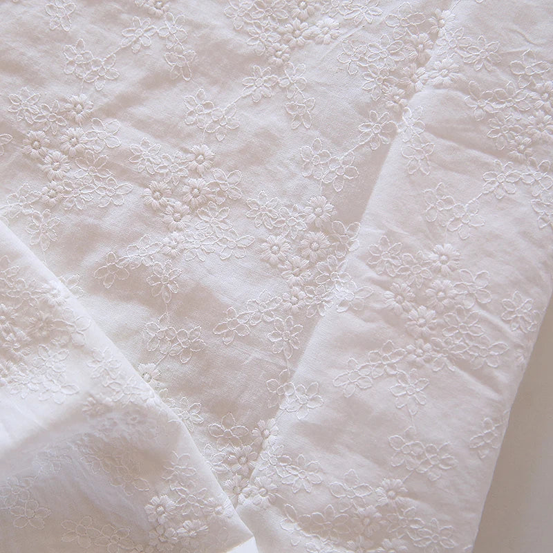 White Small Flower Embroidery 100% Cotton Fabric – 135cm Wide for Clothing, Quilting & DIY