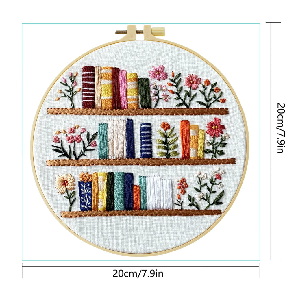Bookshelf Embroidery Kit — 20×20cm, Beginner-Friendly DIY Needlework