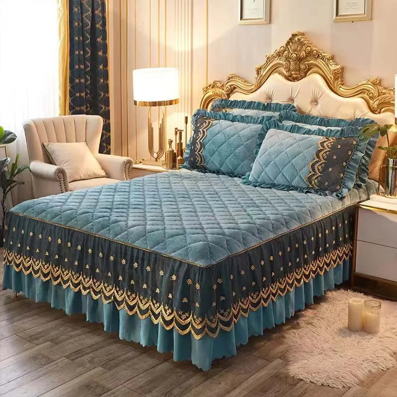 mtuove Luxury Flannel Velvet Quilted Bedspread – Lace Edge, Anti-Slip, Winter Warm Bed Cover
