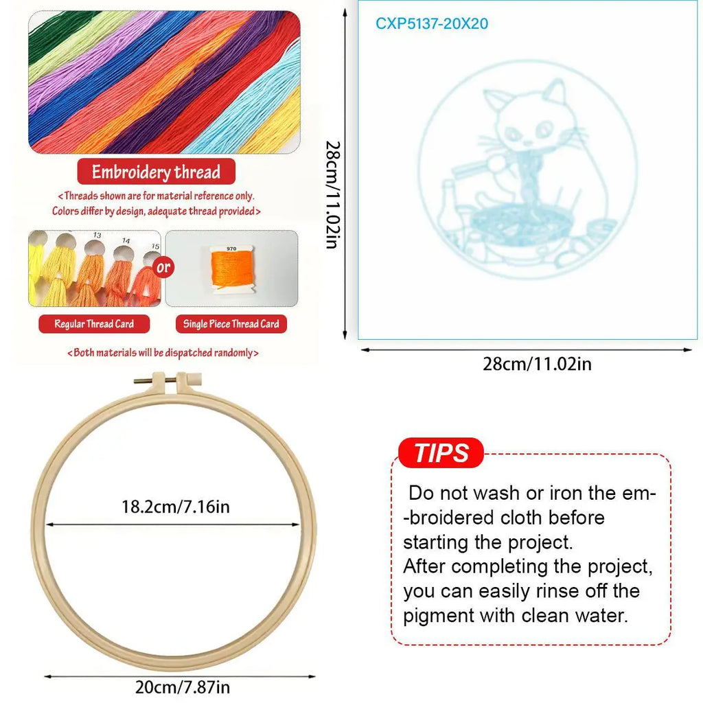 Kit de inicio de bordado Gatito comiendo fideos – Kit de bordado DIY para principiantes