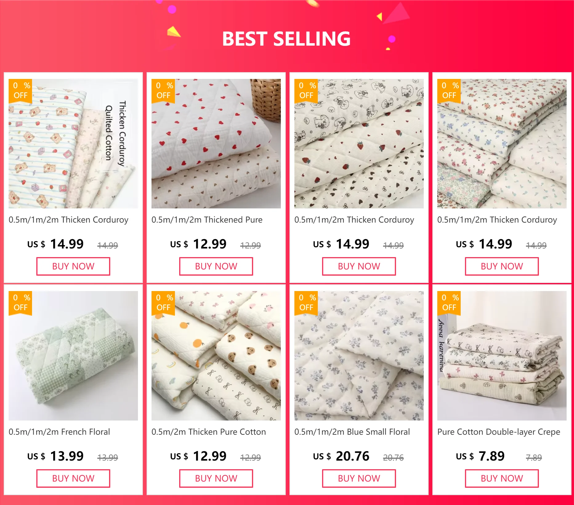 0.5m/1m/2m Thickened Pure Cotton Double-layer Crepe Quilted Cotton Fabric for Children's Clothing Blankets DIY Sewing Materials