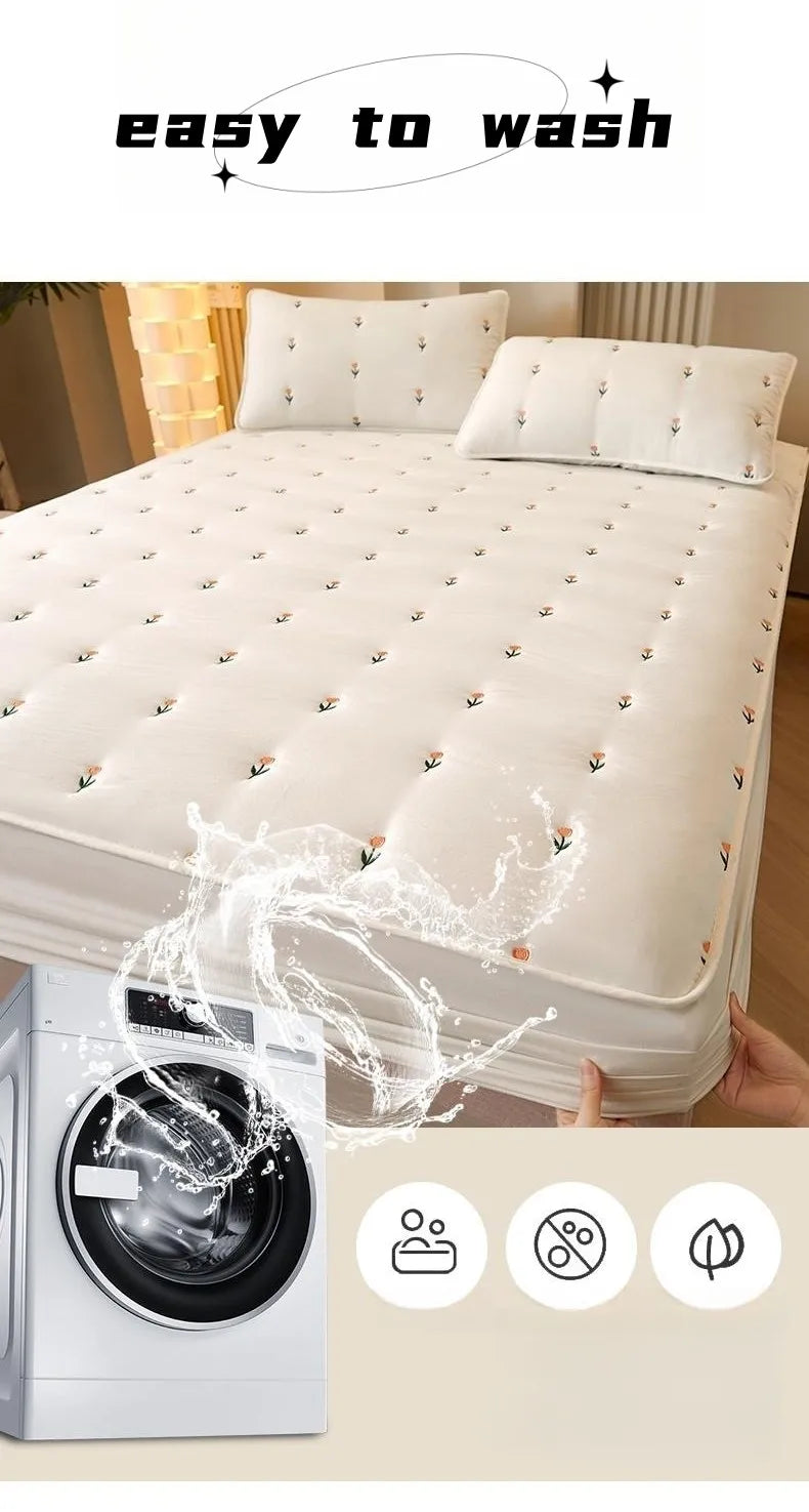 Super Thick Quilted Embroidered Mattress Pad Cover – Single, Queen & King Sizes