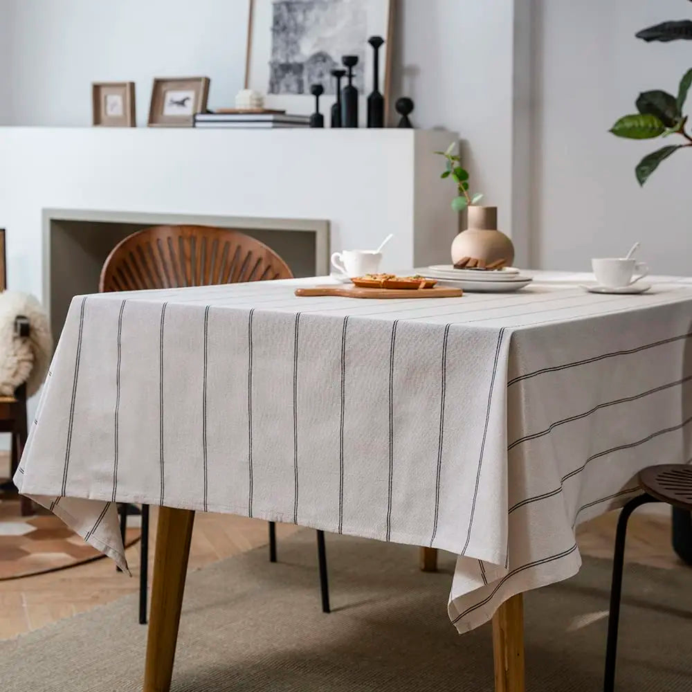 Boho Farmhouse Striped Cotton Linen Tablecloth – Washable Rectangle Table Cover for Kitchen, Dining & Picnic