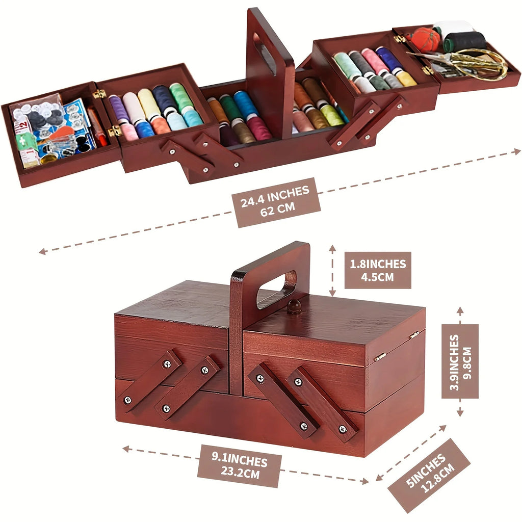 Wooden Expandable Sewing Box with Handle