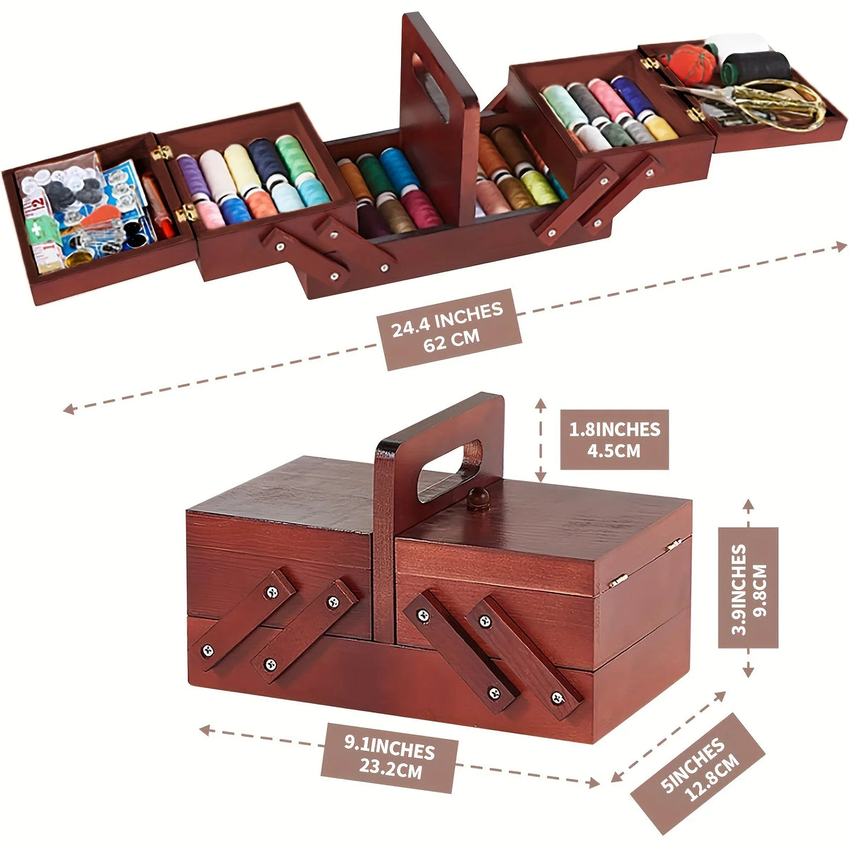 Wooden Expandable Sewing Box with Handle