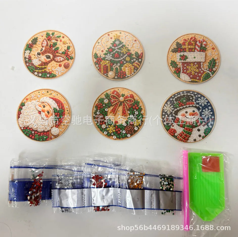 Kit de adornos de Navidad de pintura de diamantes DIY – Juego de 6 colgantes de madera para árbol de Navidad