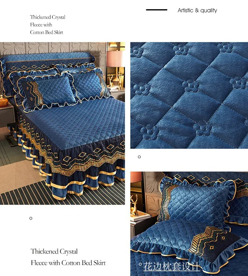 Luxury Crystal Velvet Quilted Bedspread – King & Queen Flannel Bed Skirt