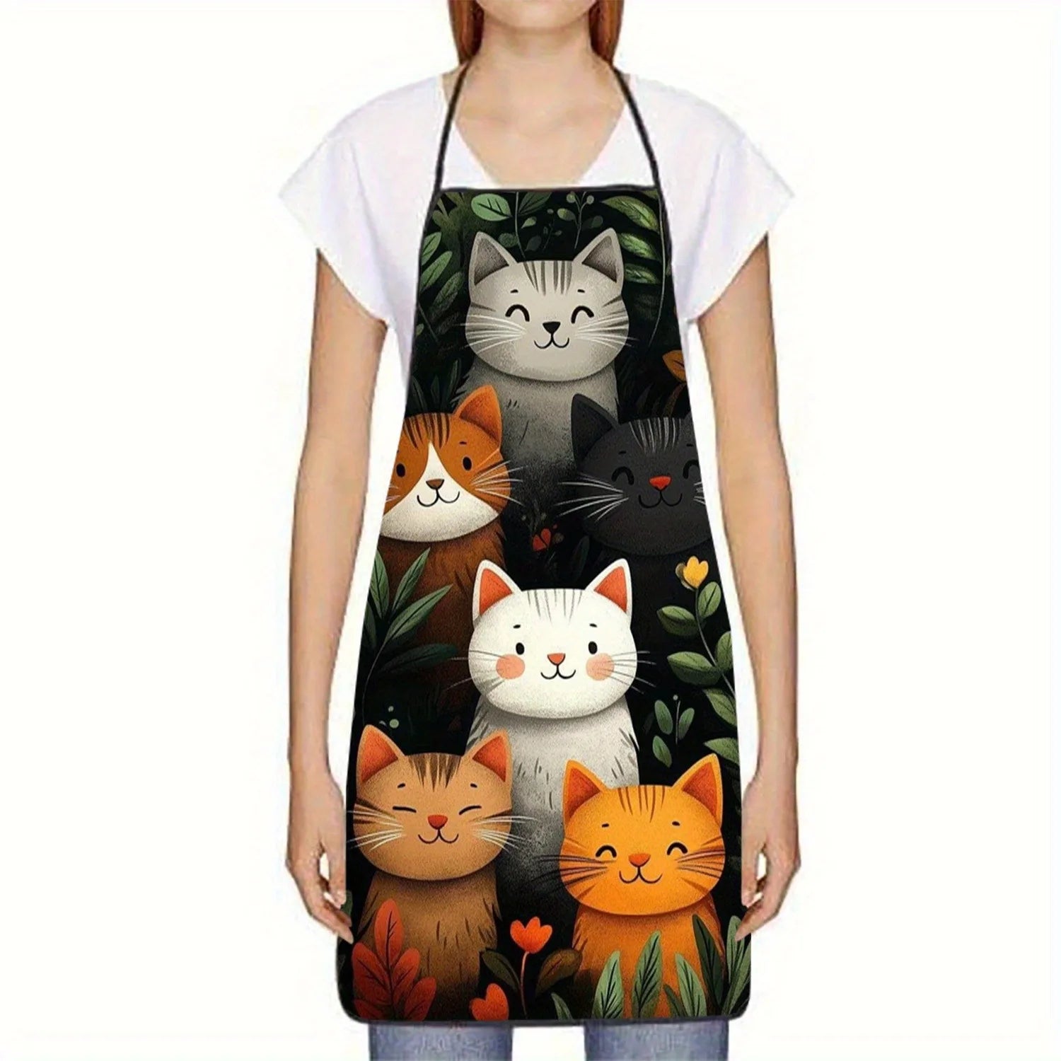 Cute Cat Print Kitchen Apron – Cartoon Cats with Hearts & Stars | Polyester Waist Apron for Cooking, Baking & Crafting