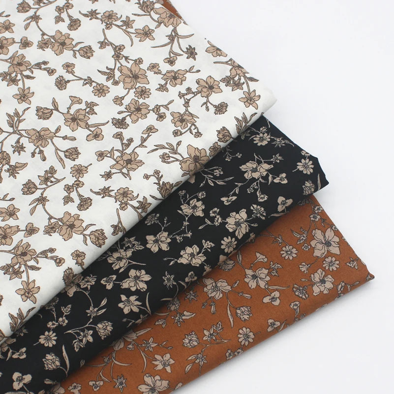 Small Floral Cotton Poplin Fabric – 100% Cotton, 147cm Wide, Sold by Half Meter – Black, White & Brown