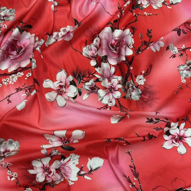 Red Floral Foil Print Satin Fabric – Silky 100% Polyester, 150cm Wide – For Dresses, Gowns & DIY Décor