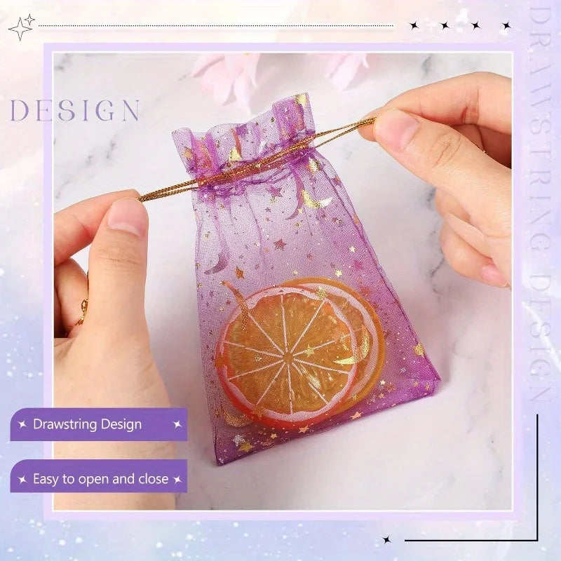 Bolsas de Regalo de Organza con Cordón de Luna y Estrellas – Paquete de 50 Bolsas de Recuerdos Multicolor | 4 Tamaños