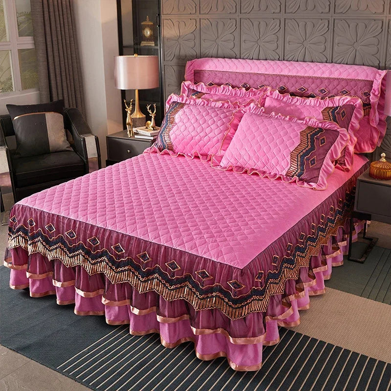 Luxury Crystal Velvet Quilted Bedspread – King & Queen Flannel Bed Skirt