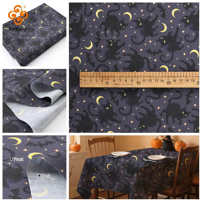 Halloween Bat & Black Cat Print Fabric — 100% Polyester | 0.5, 1 & 2 Meter Cuts