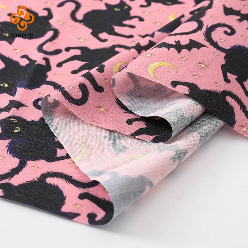 Halloween Bat & Black Cat Print Fabric — 100% Polyester | 0.5, 1 & 2 Meter Cuts