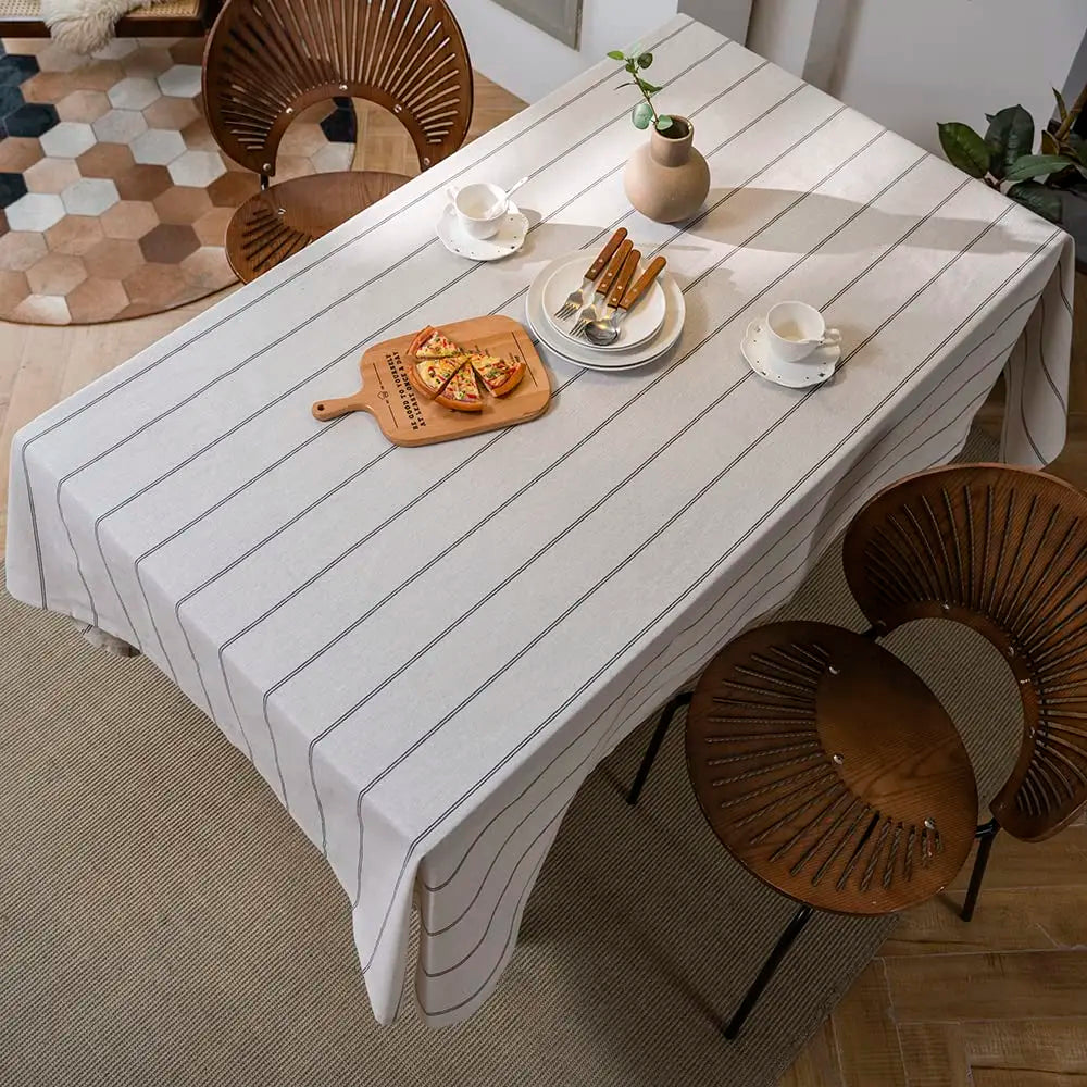 Cotton Linen Boho Striped Tablecloth – Farmhouse Burlap Style | Machine Washable | 11 Sizes