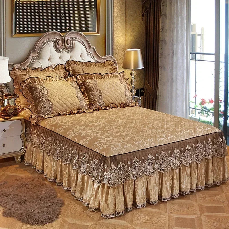 Lace Plush Quilted Bed Skirt – European Style Anti-Slip Mattress Cover | 45 cm Drop