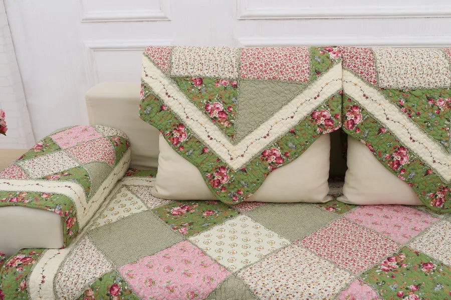 100% Cotton Quilted Sofa Cover – Anti-Slip Patchwork Floral Slipcover