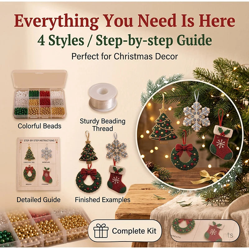 Kit de adornos de Navidad con cuentas — Juego de 4 piezas | Árbol, copo de nieve, corona y calcetín