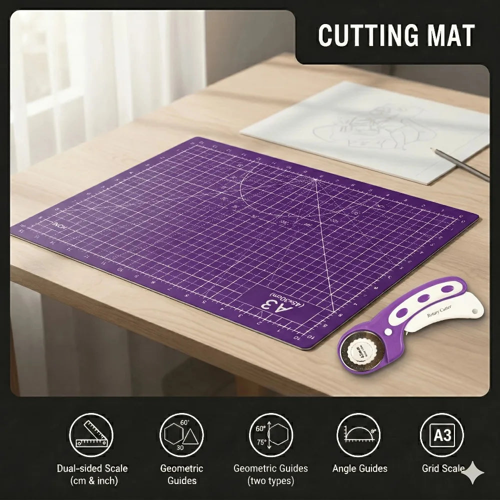 Rotary Cutter Set with A3 Cutting Mat — 45mm, 5 Spare Blades (Set B)