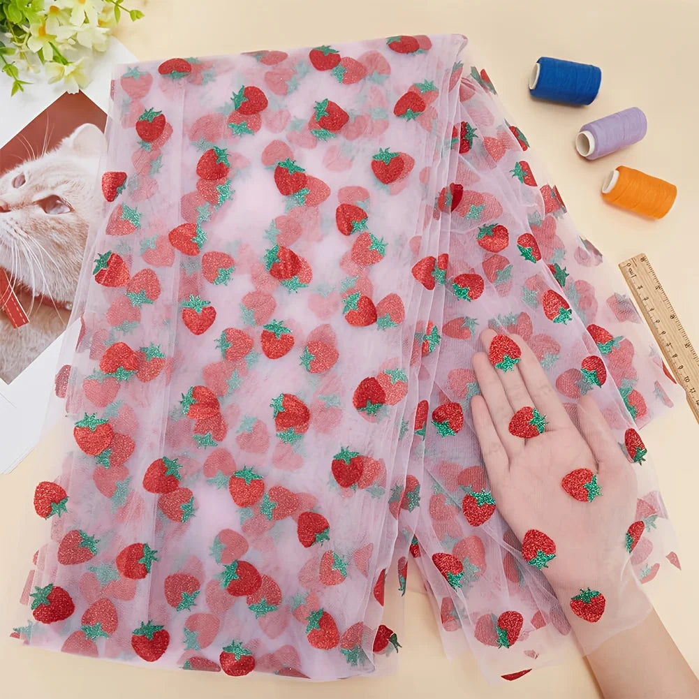 Strawberry Floral Print Tulle Mesh Lace Fabric – 100% Nylon, 100×150cm – For Dresses, Bridal & DIY Clothing