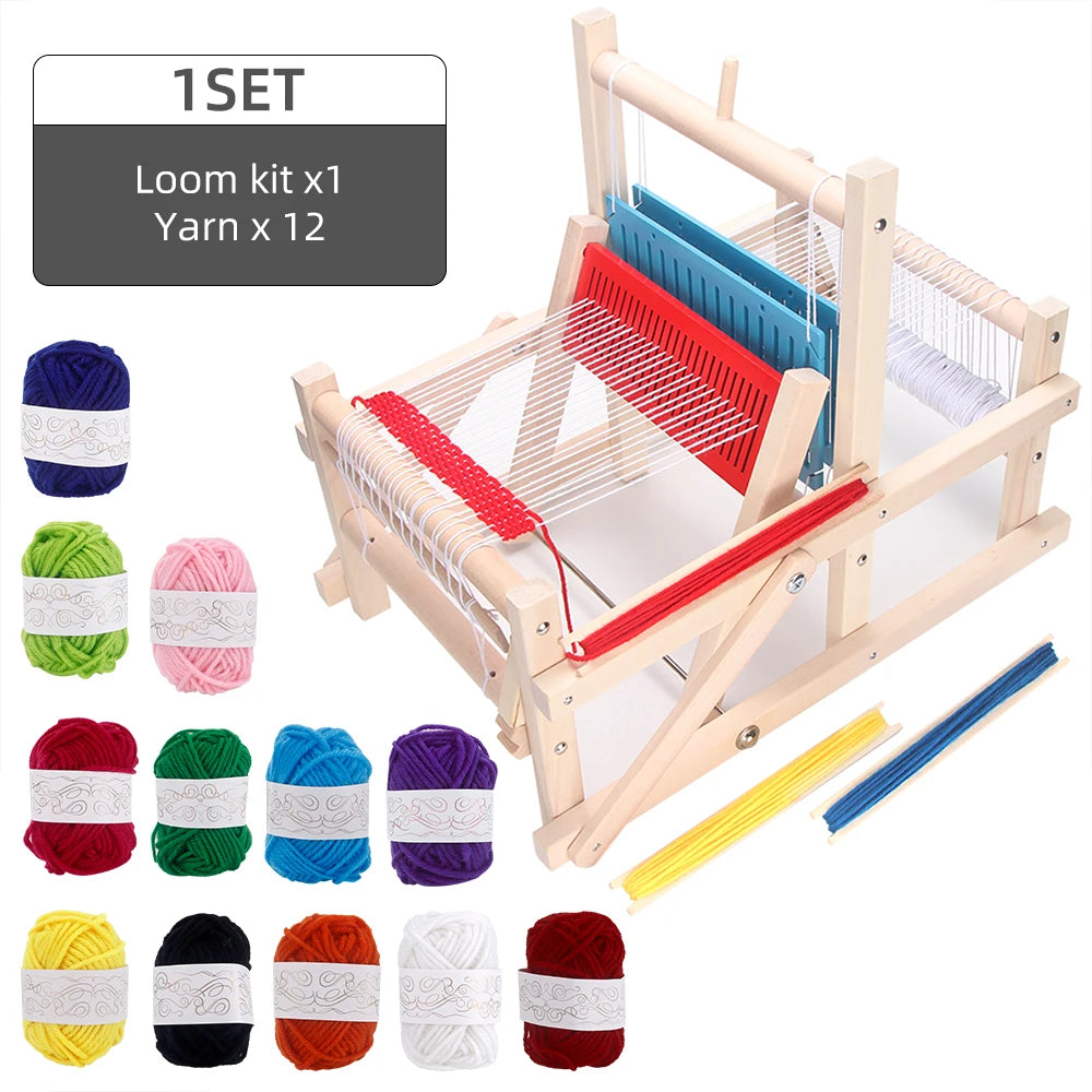 Wooden Multi-Craft Weaving Loom Kit – Foldable Tabletop Handloom with 12 Wool Yarn Skeins