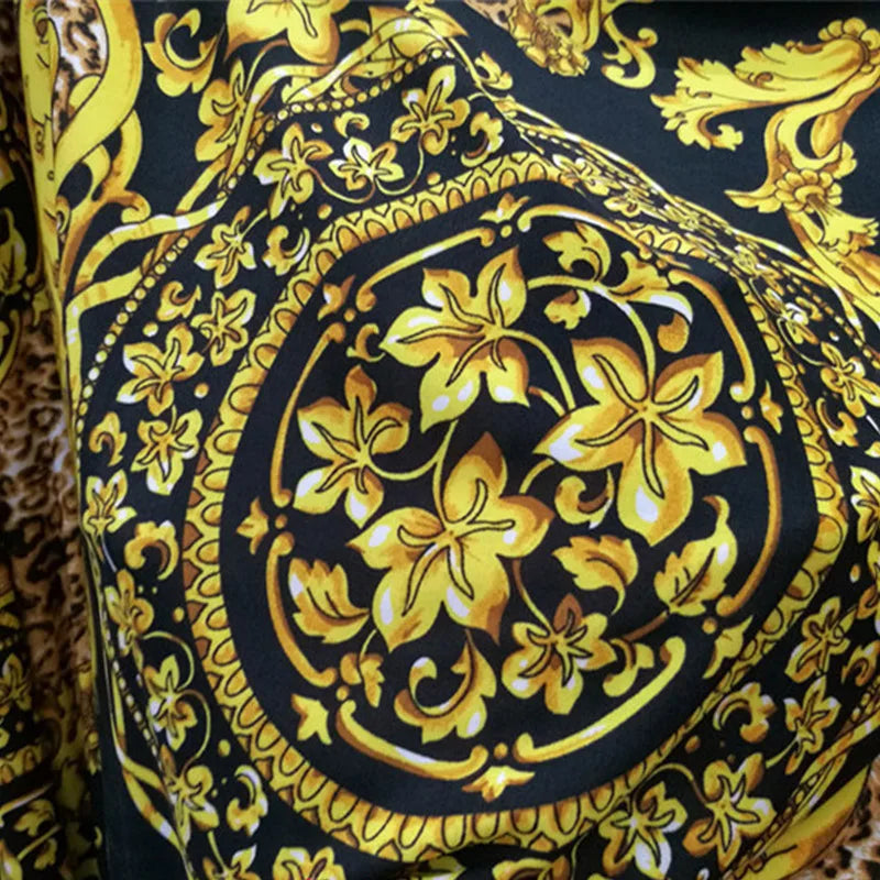 Yellow Leopard & African Flower Print Stretch Knit Fabric – 4-Way Elastic, 150 cm Wide