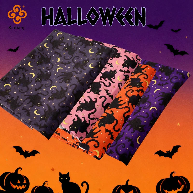 Halloween Bat & Black Cat Print Fabric — 100% Polyester | 0.5, 1 & 2 Meter Cuts