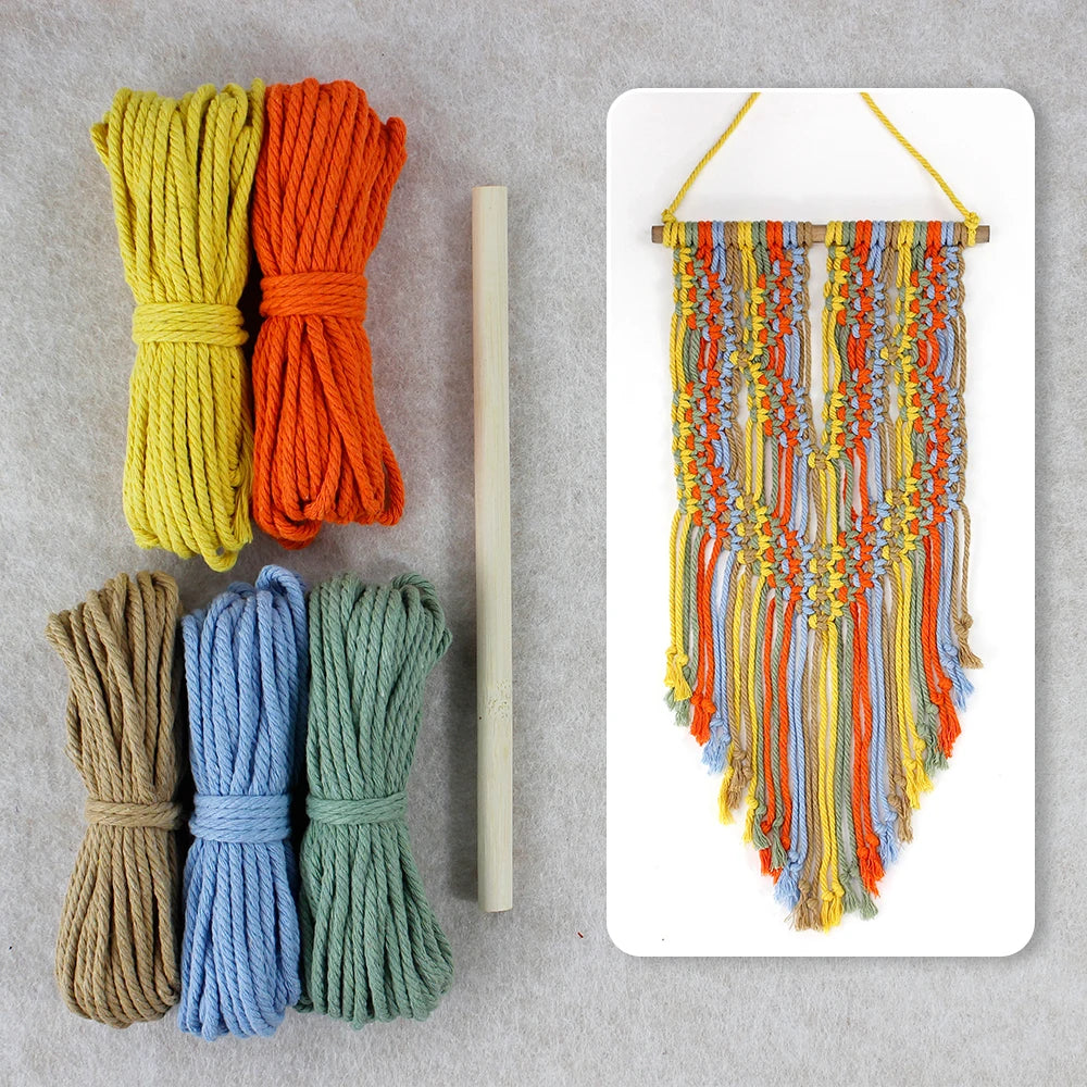 Colorful Macramé Wall Hanging Kit – DIY Beginner Craft, 5-Color Polyester Cord + Wood Dowel