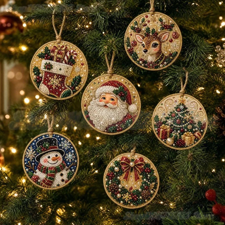 Kit de adornos de Navidad de pintura de diamantes DIY – Juego de 6 colgantes de madera para árbol de Navidad