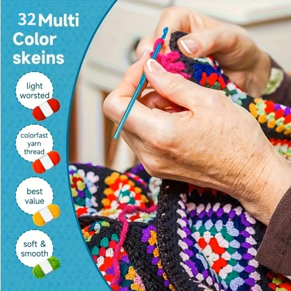 43-Piece Crochet Kit with 32-Color Acrylic Yarn, Ergonomic Hooks & Knitting Needles — Beginner-Friendly Set with Portable Storage Bag
