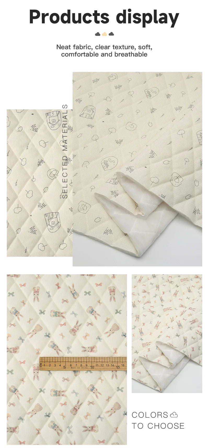 Rabbit & Tree Print Corduroy Fabric – 150cm Wide, Quilted Cotton Blend, 0.5m / 1m / 2m