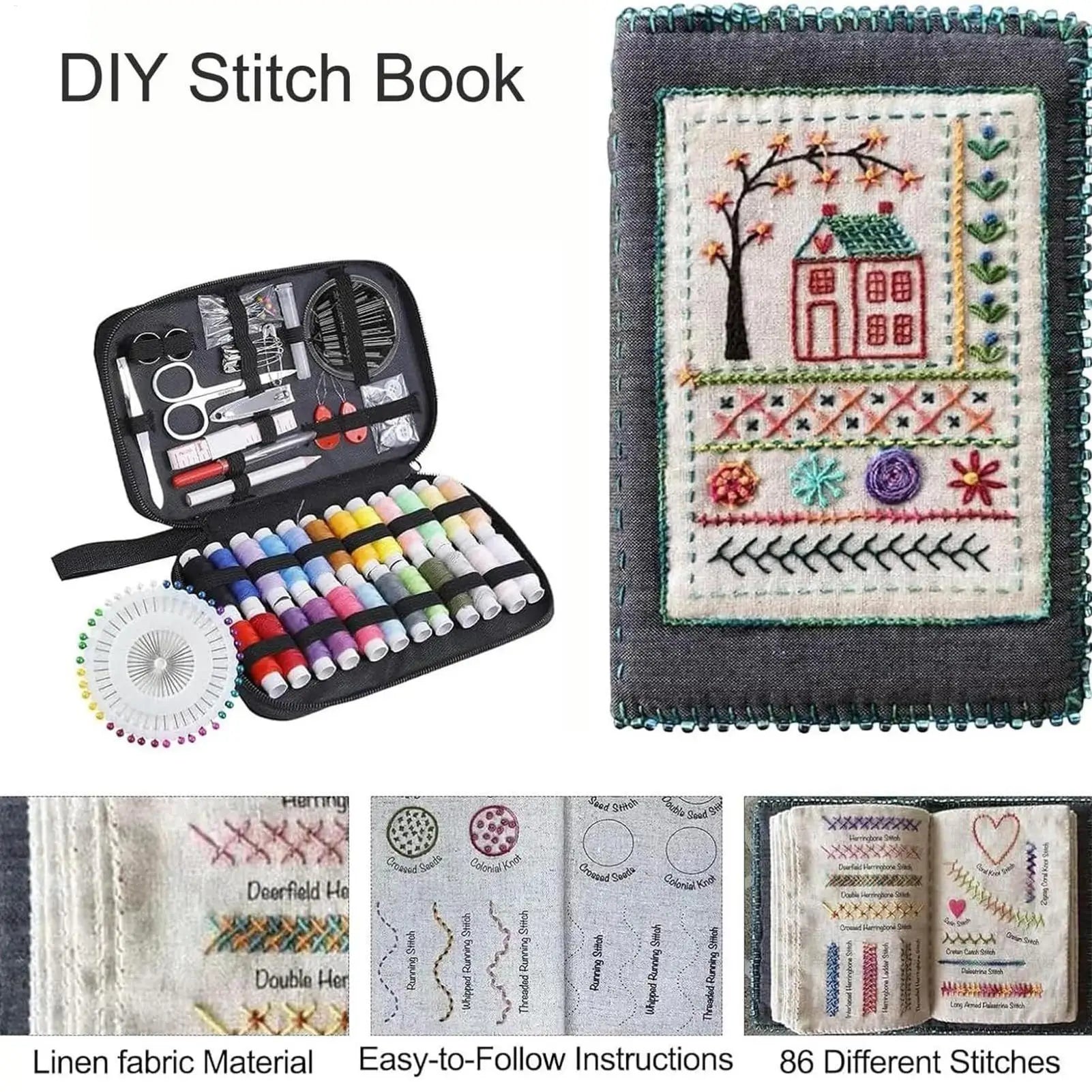 Chinese Style Embroidery Stitches Book Set – Hoop, 50-Color Threads & 10-Page Stitch Atlas