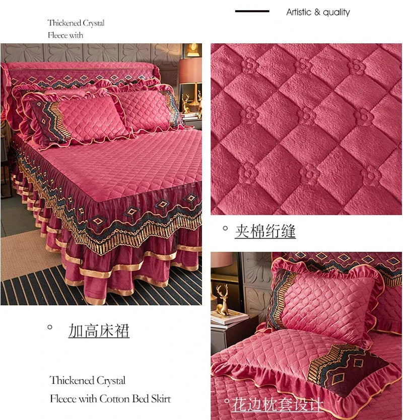 Luxury Crystal Velvet Quilted Bedspread – King & Queen Flannel Bed Skirt