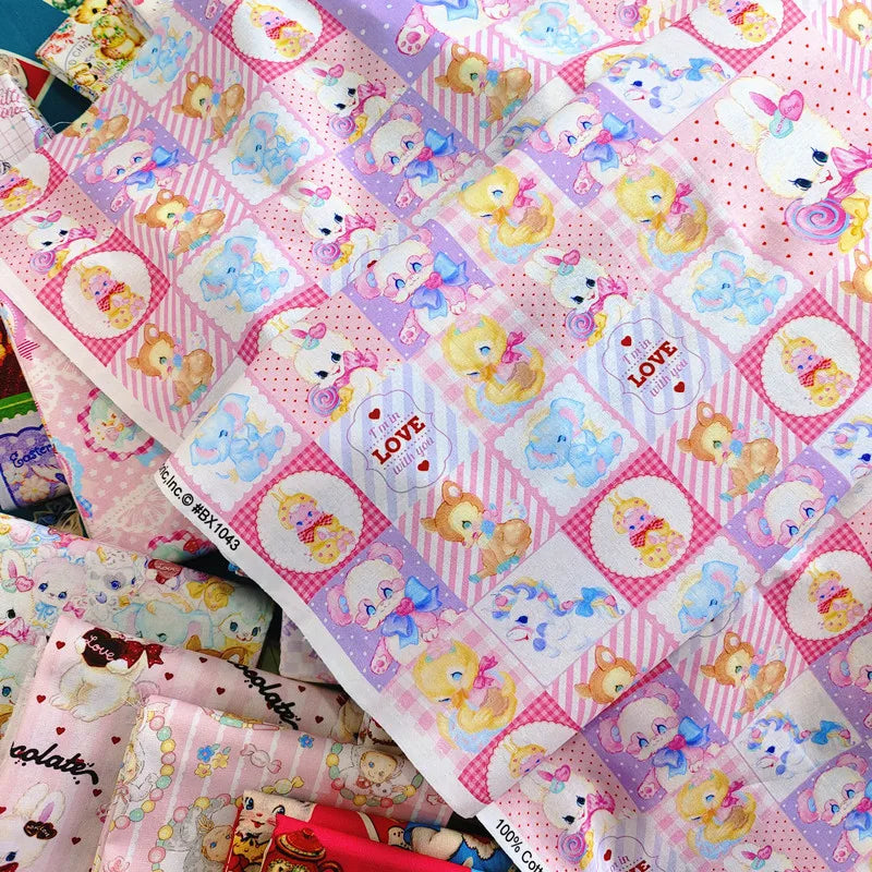 Organic Cotton Kawaii Print Fabric – Cat & Deer – 50×110 cm (19.7×43.3 in)